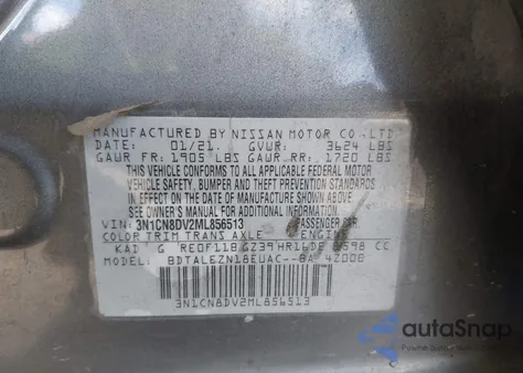 2021 Nissan Versa S Xtronic Cvt z USA, uszkodzony, nr VIN 3N1CN8DV2ML856513